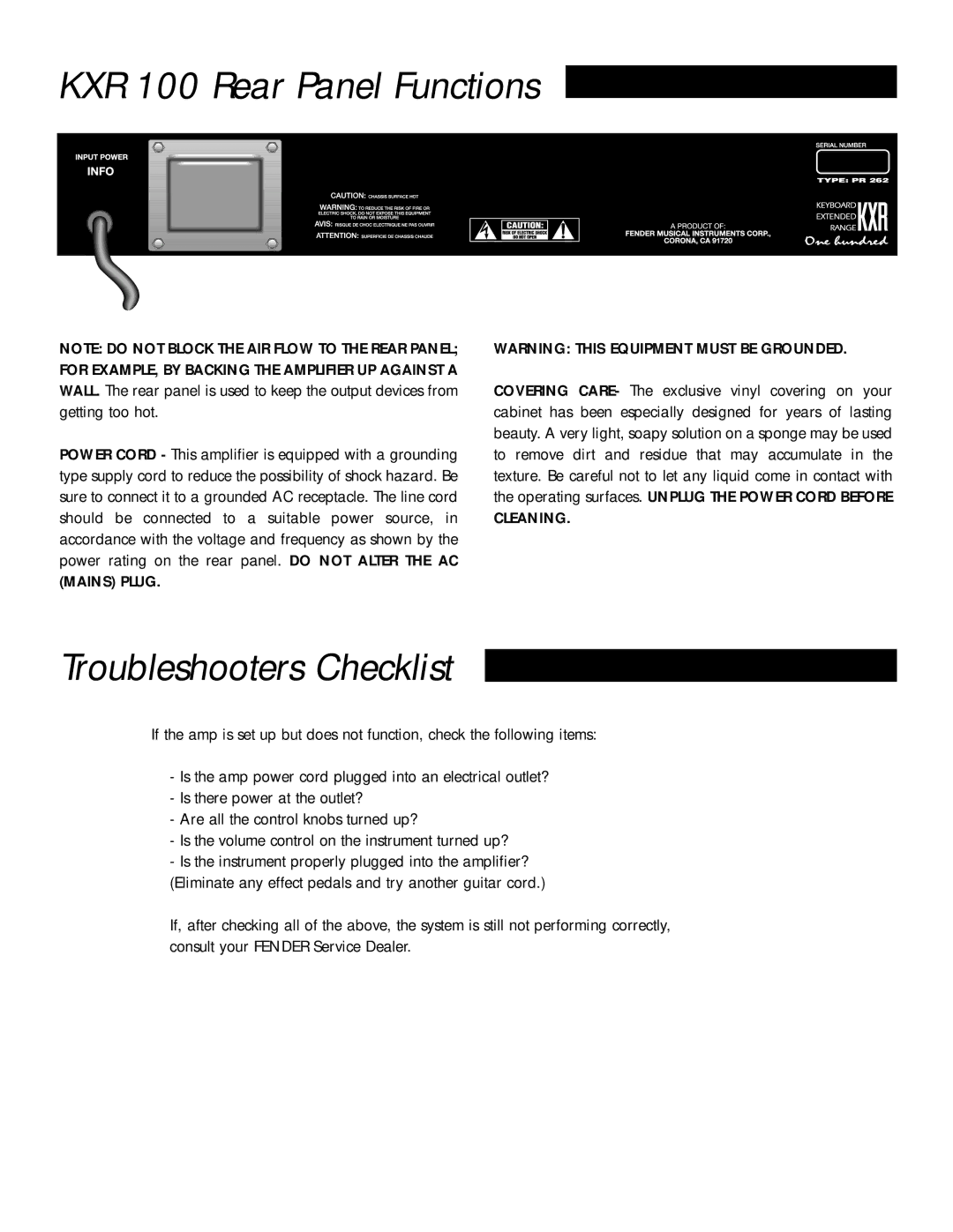 Fender owner manual KXR 100 Rear Panel Functions, Troubleshooters Checklist 