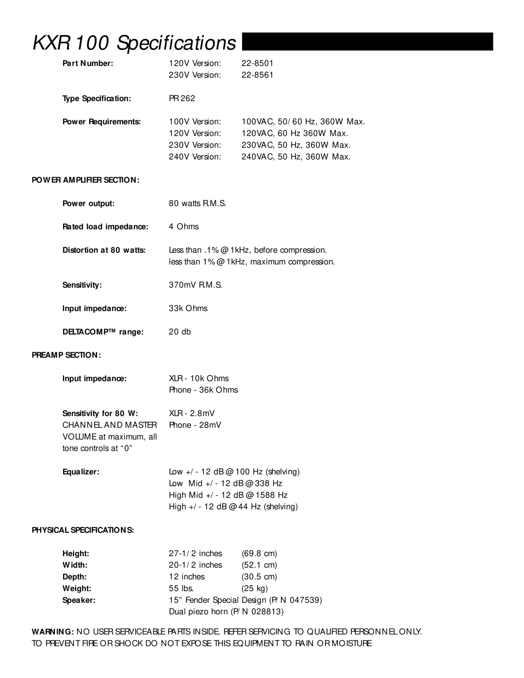 Fender owner manual KXR 100 Specifications, Power Amplifier Section 