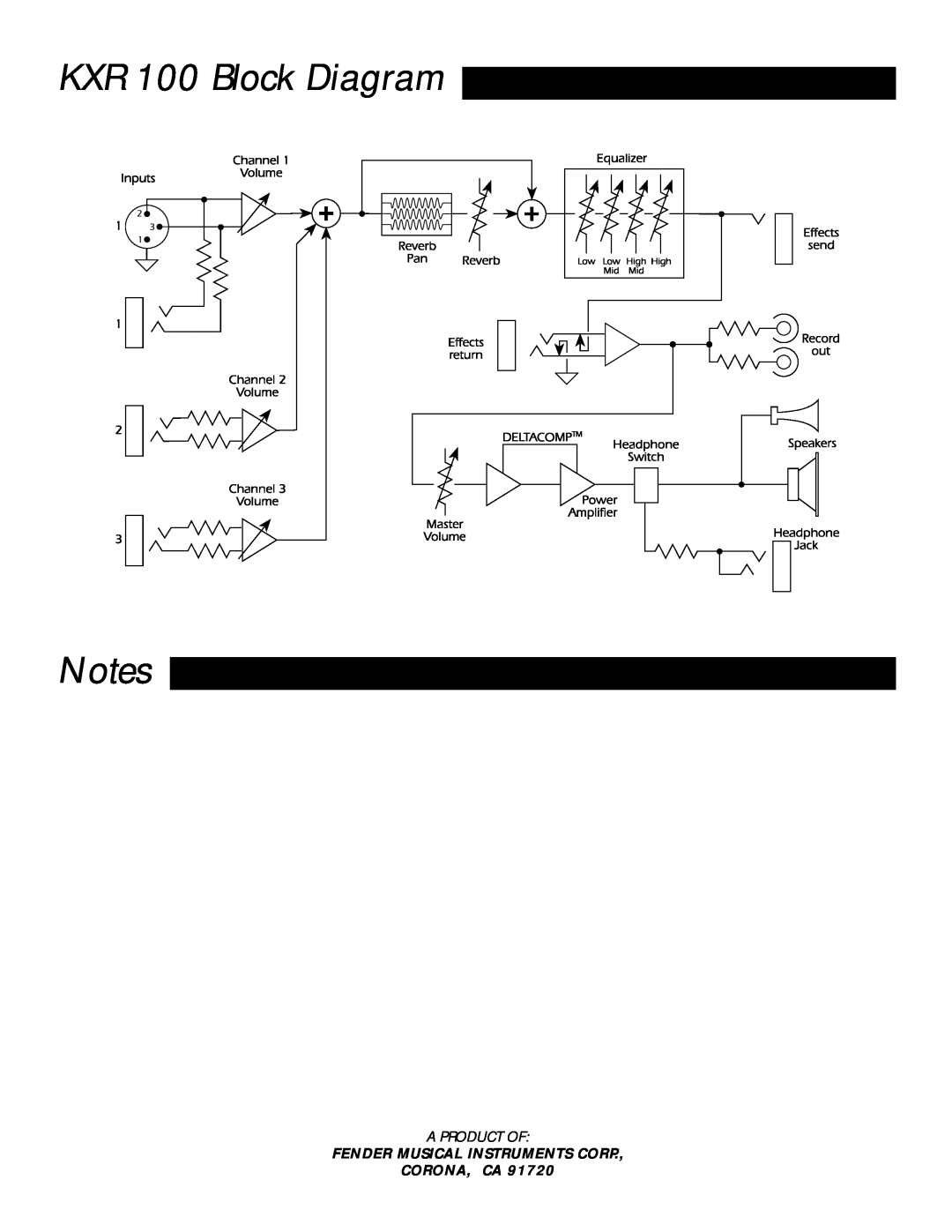 Fender owner manual KXR 100 Block Diagram Notes, A Product Of, Fender Musical Instruments Corp, Corona, Ca 