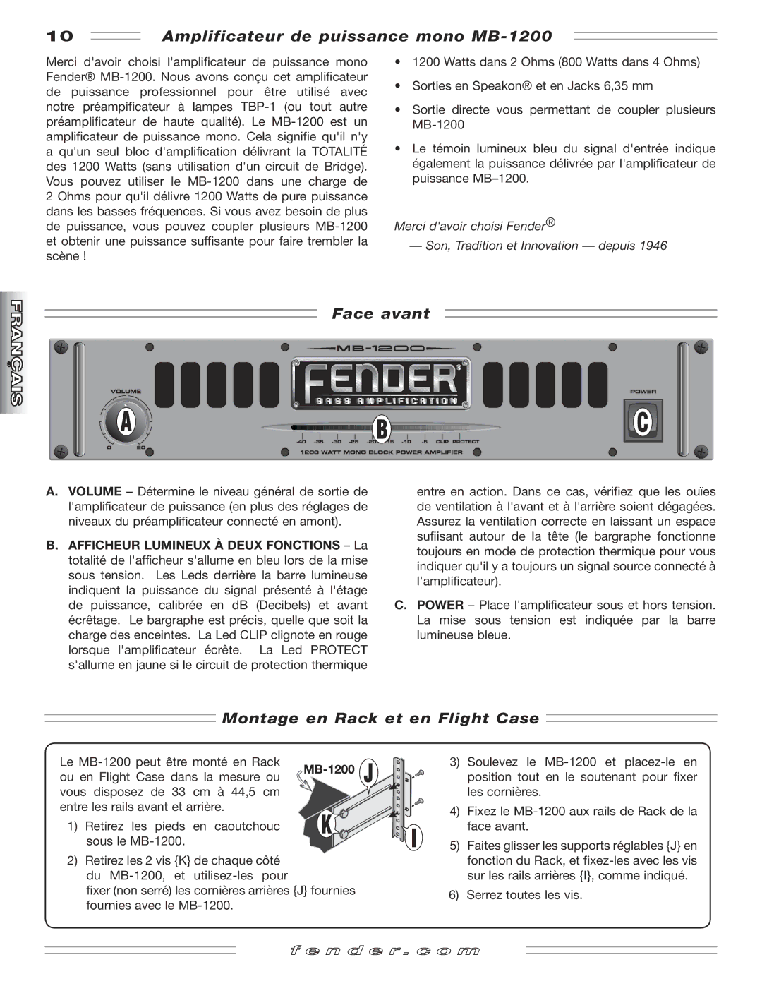 Fender manual Amplificateur de puissance mono MB-1200, Face avant, Montage en Rack et en Flight Case 