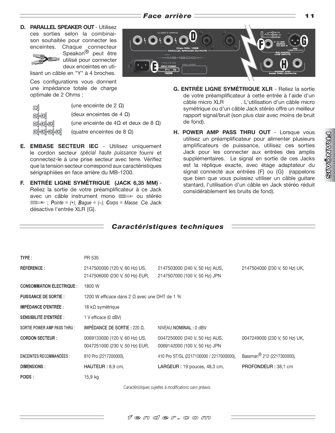 Fender MB-1200 manual Face arrière, Caractéristiques techniques, Embase Secteur, Entrée Ligne Symétrique Jack 6,35 MM 