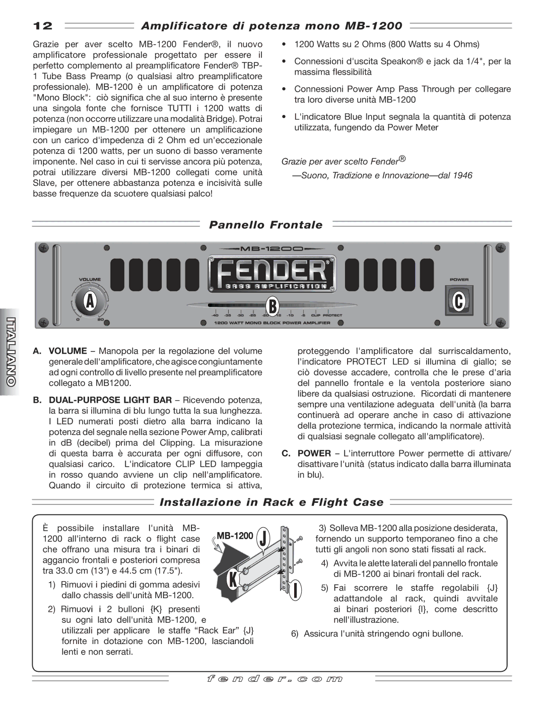 Fender manual Amplificatore di potenza mono MB-1200, Pannello Frontale, Installazione in Rack e Flight Case 