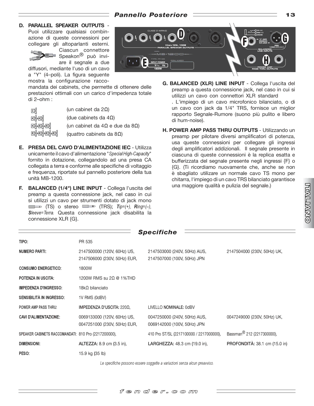 Fender MB-1200 manual Pannello Posteriore, Specifiche, Parallel Speaker Outputs 