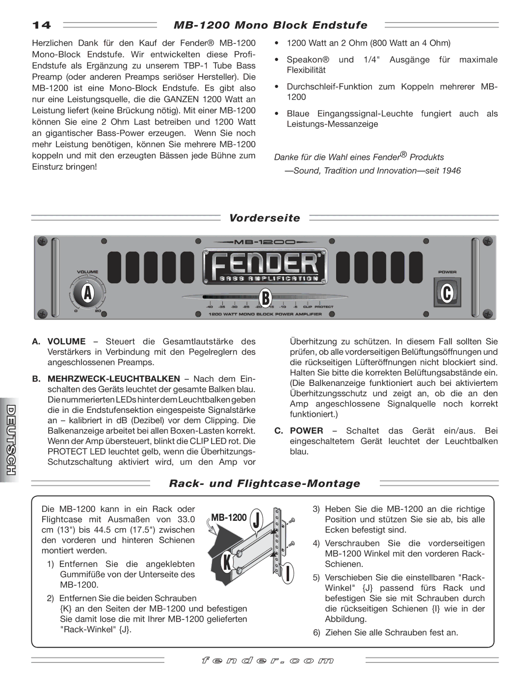Fender manual MB-1200 Mono Block Endstufe, Vorderseite, Rack- und Flightcase-Montage 