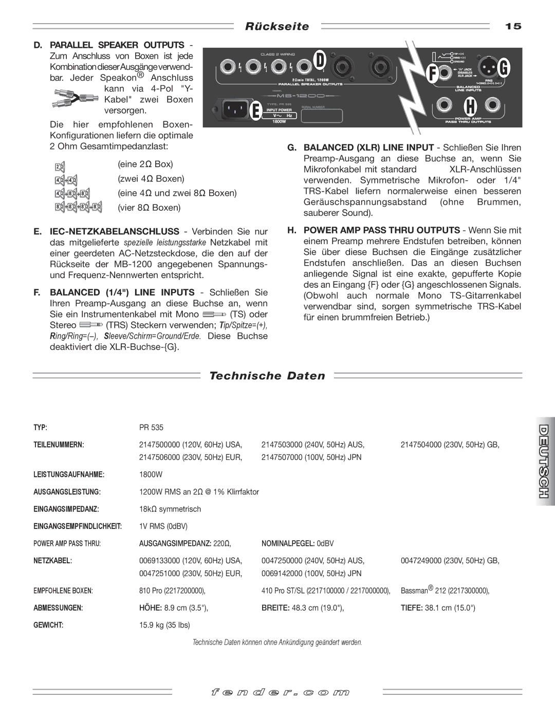 Fender MB-1200 manual Rückseite, Technische Daten, Balanced XLR Line Input Schließen Sie Ihren, Line Inputs 