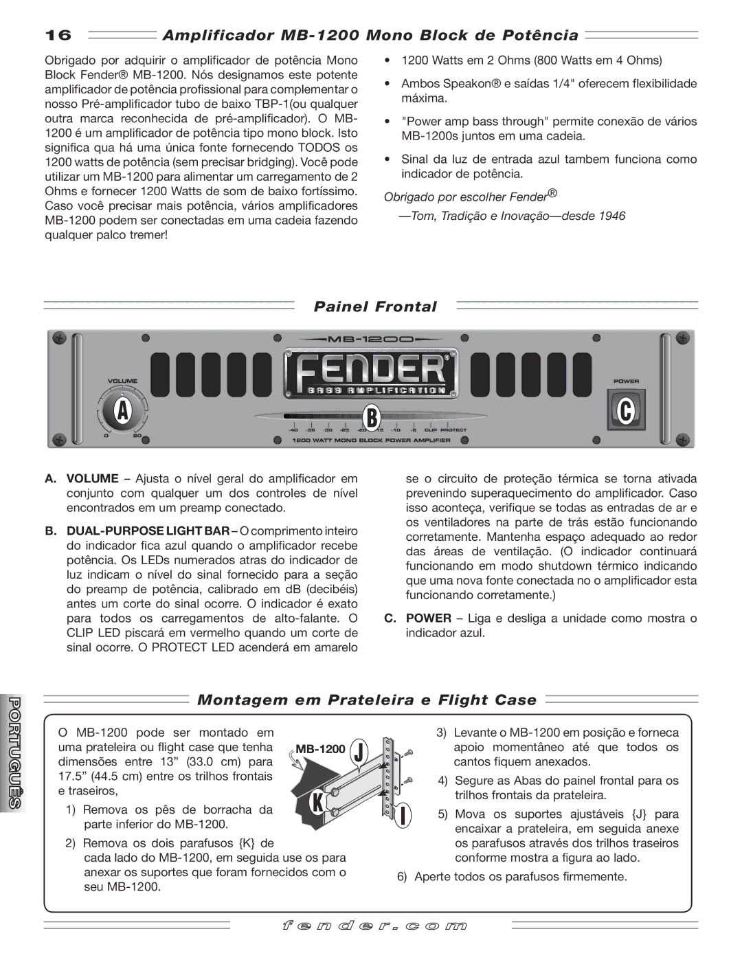 Fender manual Amplificador MB-1200 Mono Block de Potência, Painel Frontal, Montagem em Prateleira e Flight Case 