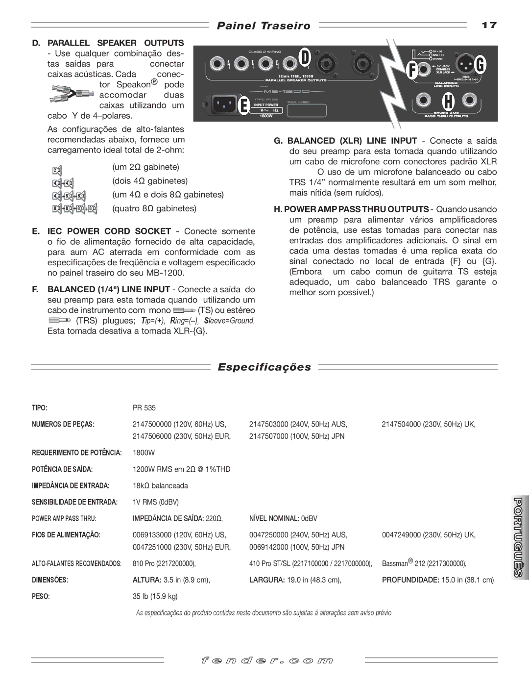 Fender MB-1200 manual Painel Traseiro, Especificações, Parallel Speaker 
