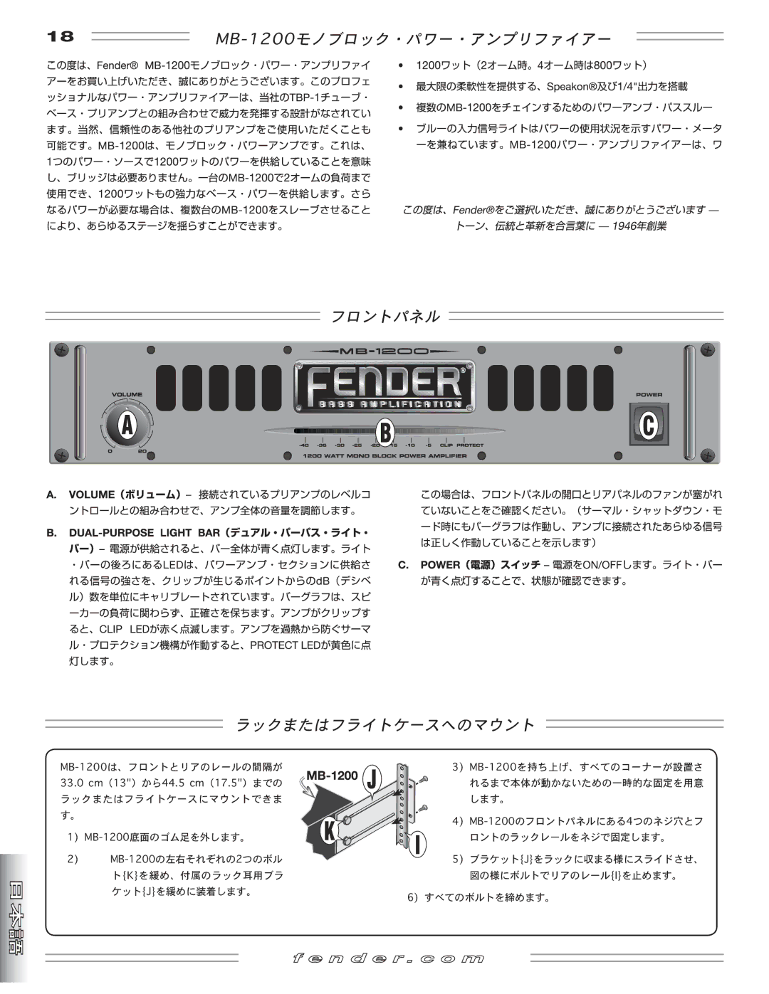 Fender manual 18MB-1200モノブロック・パワー・アンプリファイアー フロントパネル ラックまたはフライトケースへのマウント 