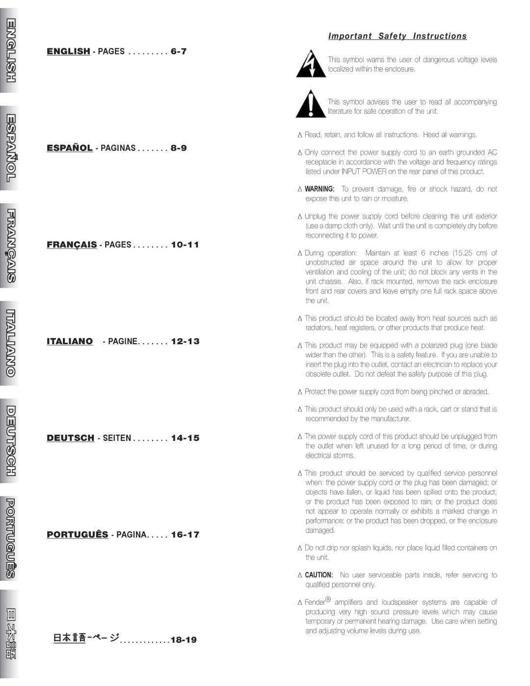 Fender MB-1200 manual Important Safety Instructions, 18-19 