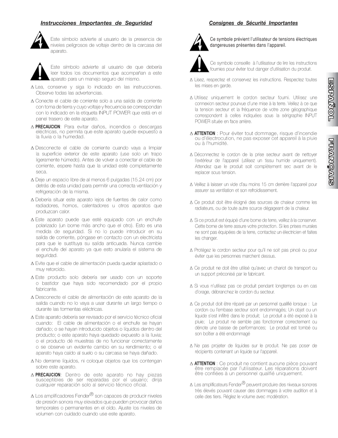 Fender MB-1200 manual Instrucciones Importantes de Seguridad, Consignes de Sécurité Importantes 