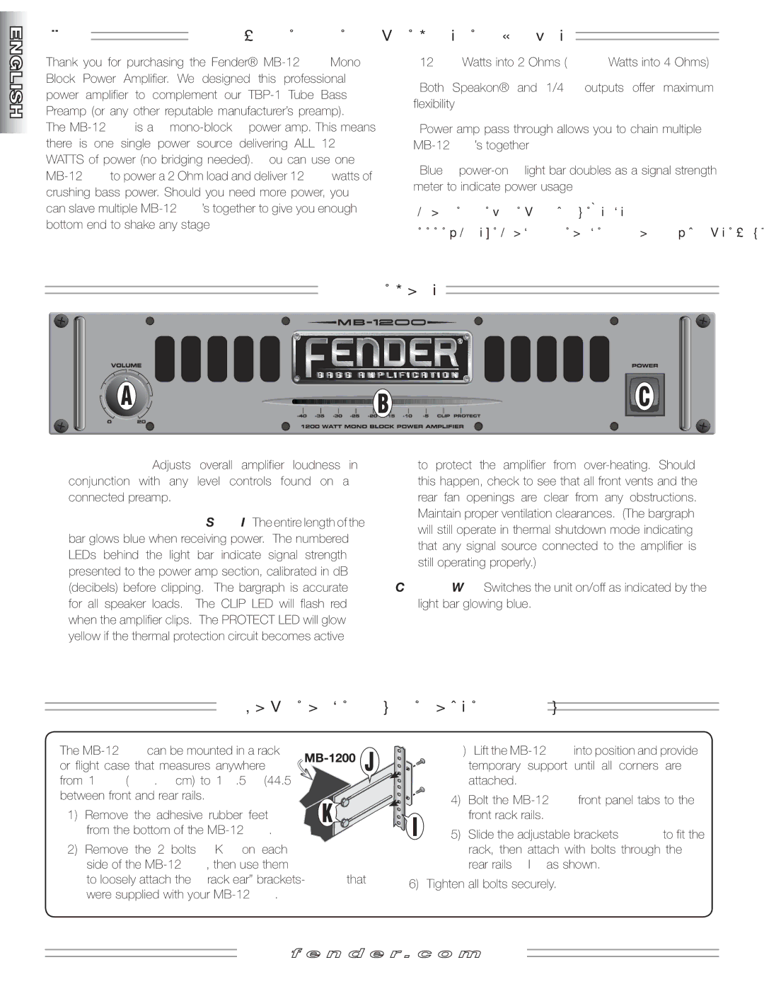 Fender manual MB-1200 Mono Block Power Amplifier, Front Panel, Rack and Flight Case Mounting 