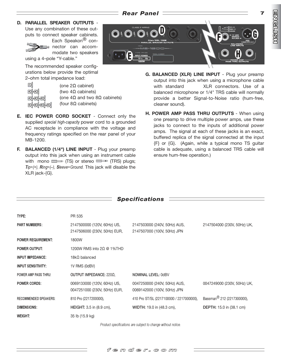 Fender MB-1200 manual Rear Panel, Specifications 