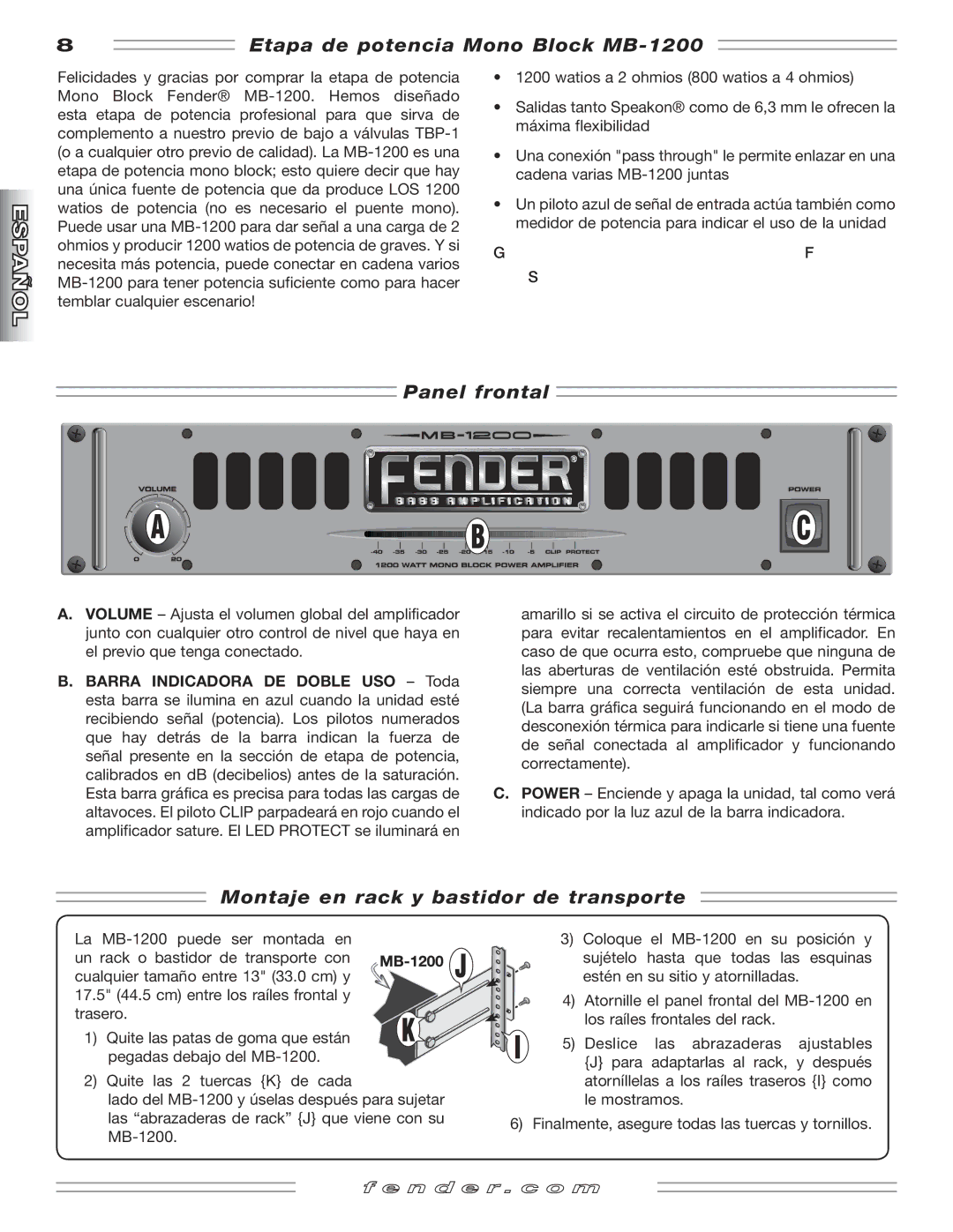 Fender manual Etapa de potencia Mono Block MB-1200, Panel frontal, Montaje en rack y bastidor de transporte 