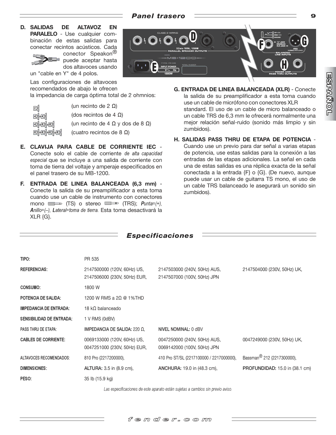 Fender MB-1200 manual Panel trasero, Especificaciones 