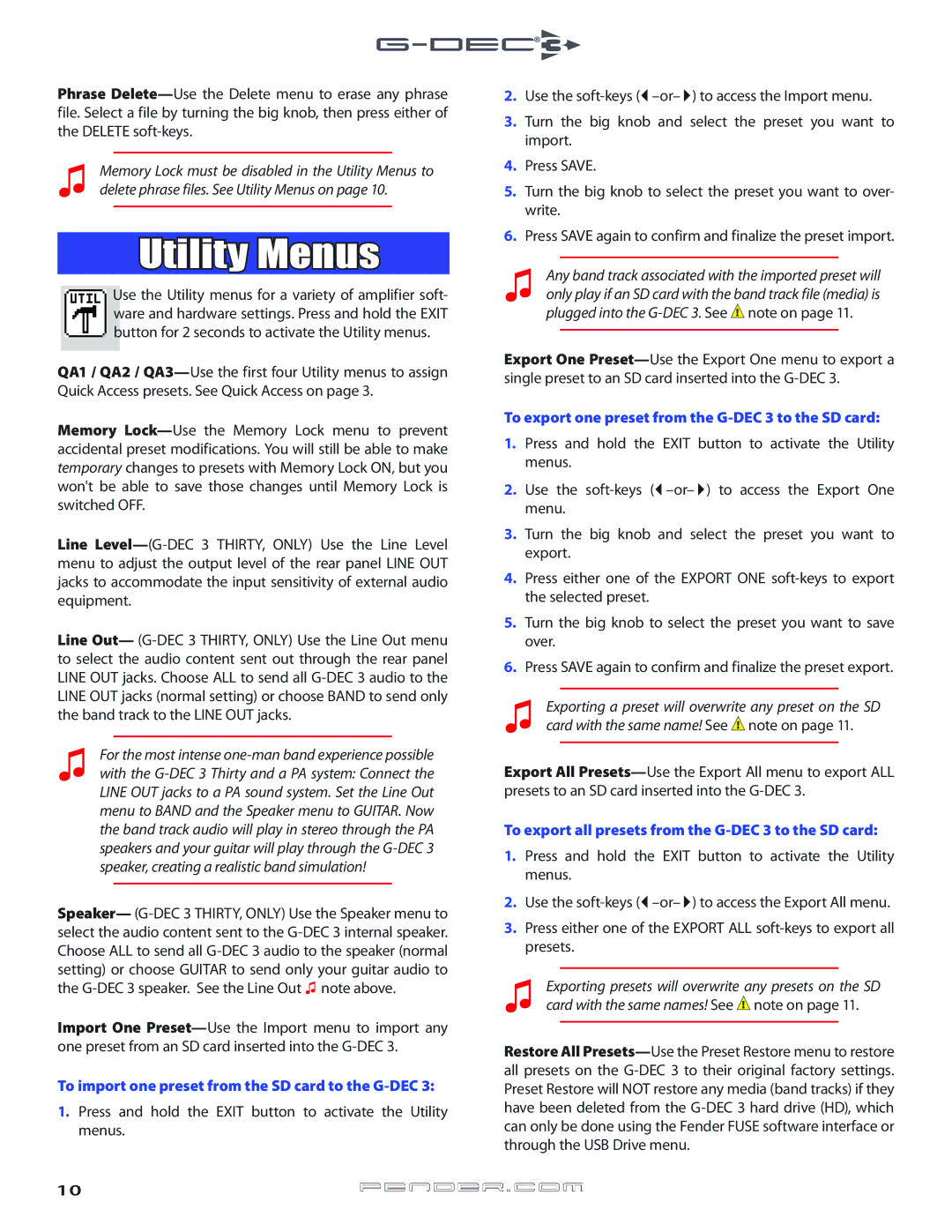 Fender Music Mixer owner manual Utility Menus, To import one preset from the SD card to the G-DEC, 10fender .com 