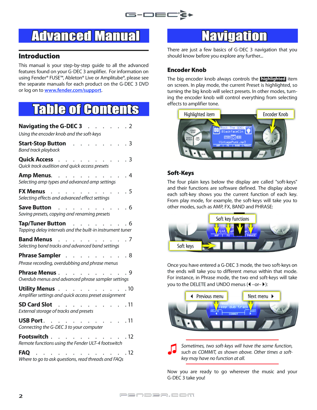 Fender Music Mixer owner manual Advanced Manual, Table of Contents, Navigation 