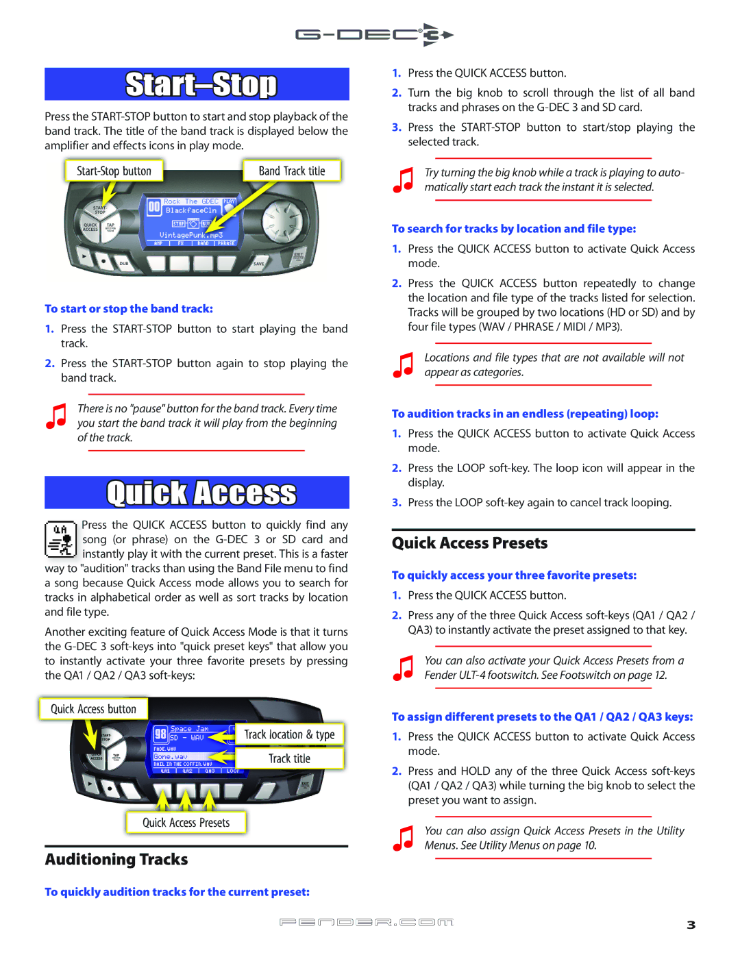 Fender Music Mixer Quick Access Presets, Start-Stop button, Quick Access button Track location & type Track title 