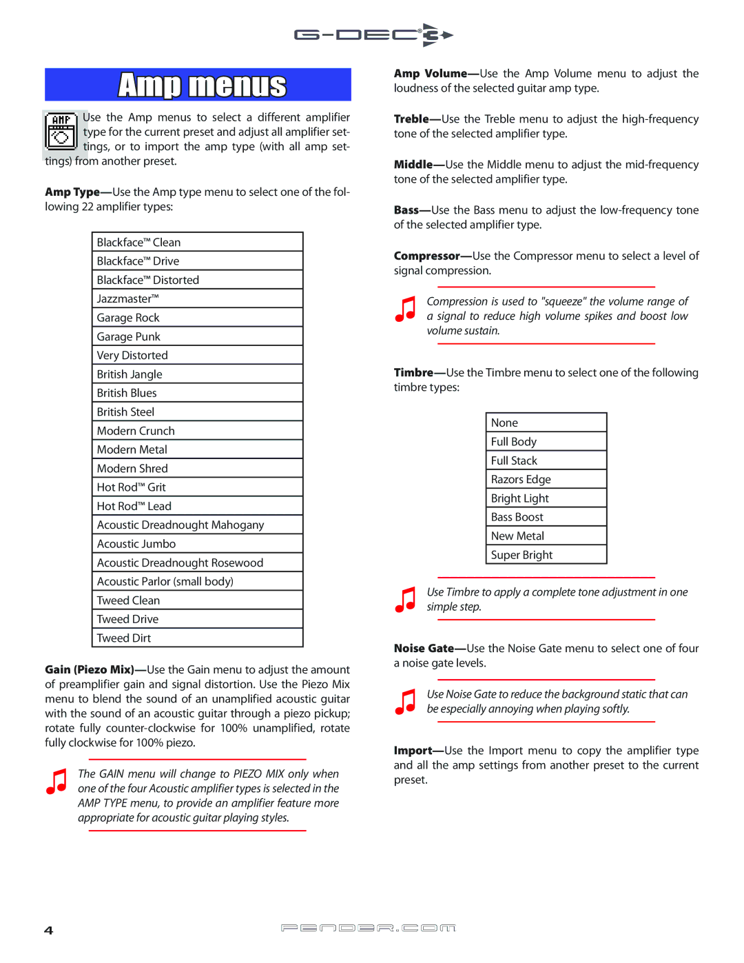 Fender Music Mixer owner manual Amp menus, 4fender .com 