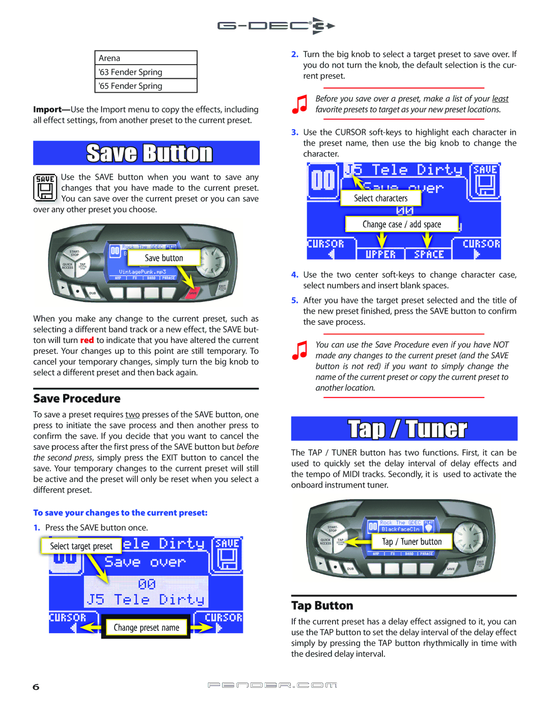 Fender Music Mixer owner manual Save Button, Tap / Tuner, Save Procedure, Tap Button 