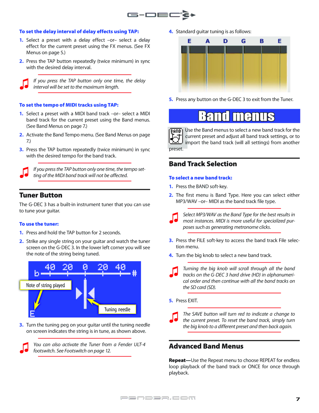 Fender Music Mixer owner manual Band menus, Tuner Button, Band Track Selection, Advanced Band Menus, Tuning needle 