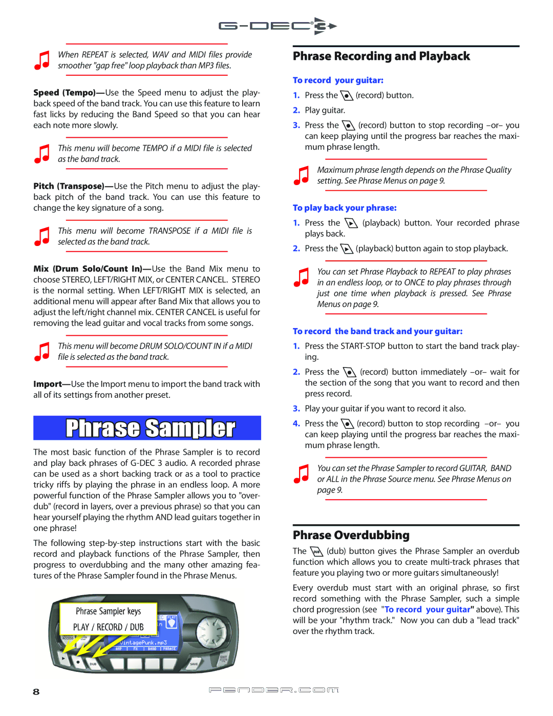 Fender Music Mixer owner manual Phrase Recording and Playback, Phrase Overdubbing, Phrase Sampler keys 