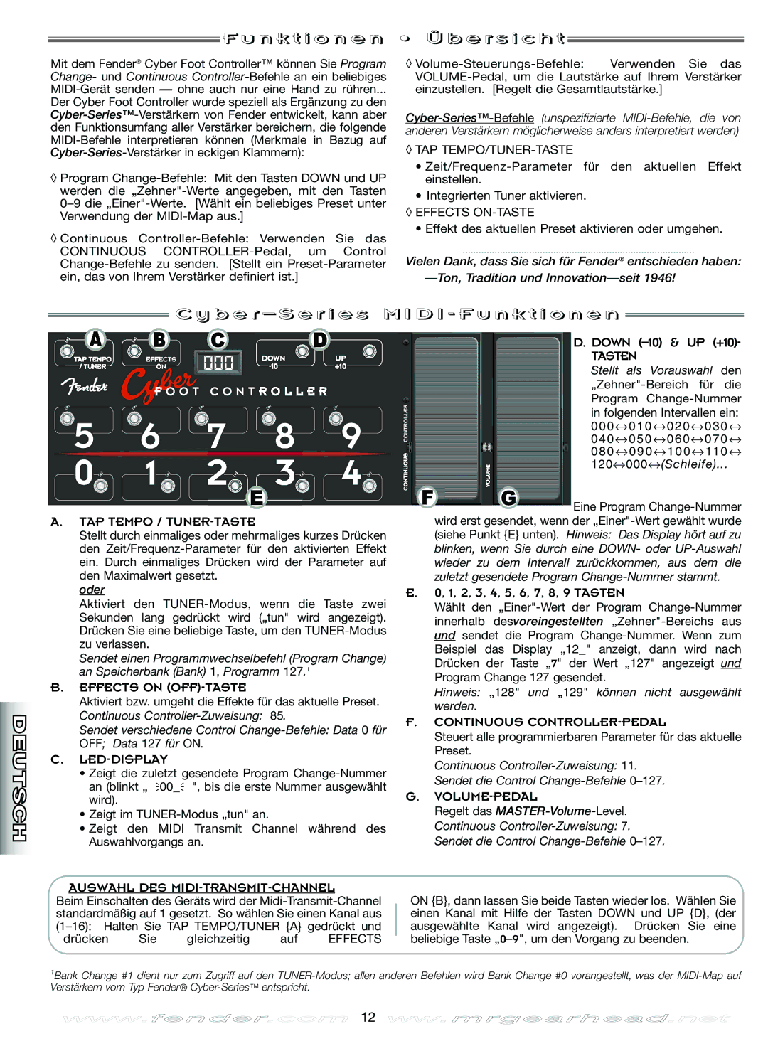 Fender Music Pedal manual N k t i o n e n, E r s i c h t, B e r S e r i e s M I D I F u n k t i o n e n 