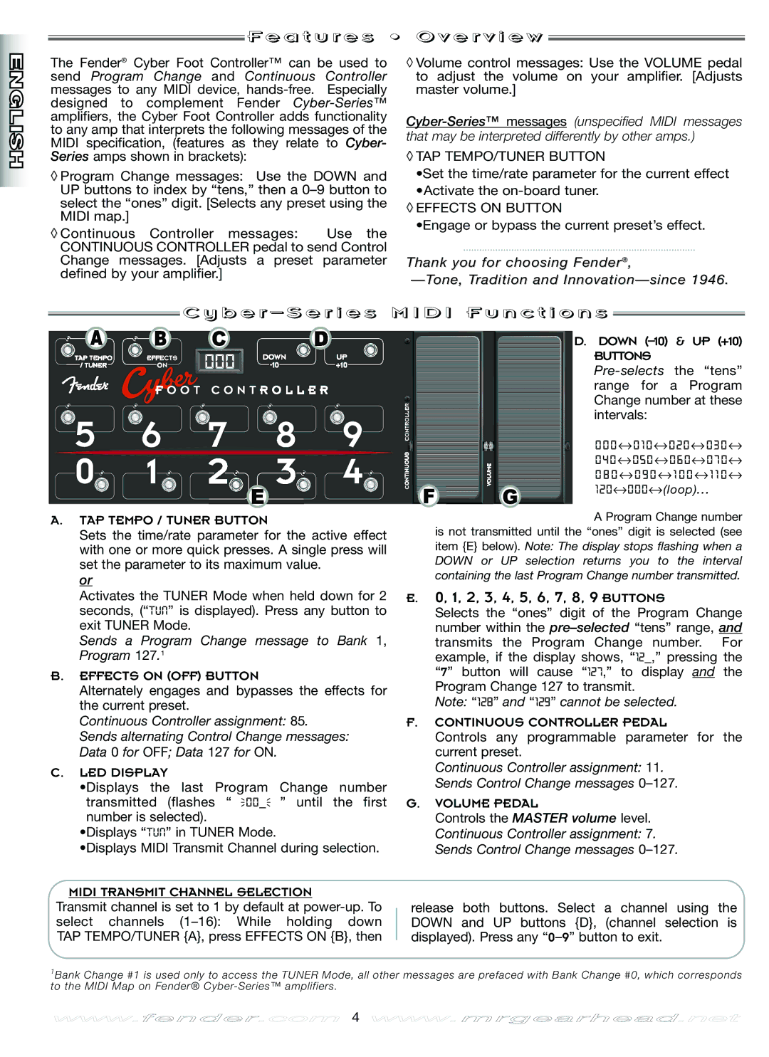 Fender Music Pedal manual A t u r e s O v e r v i e w, B e r S e r i e s M I D I F u n c t i o n s 