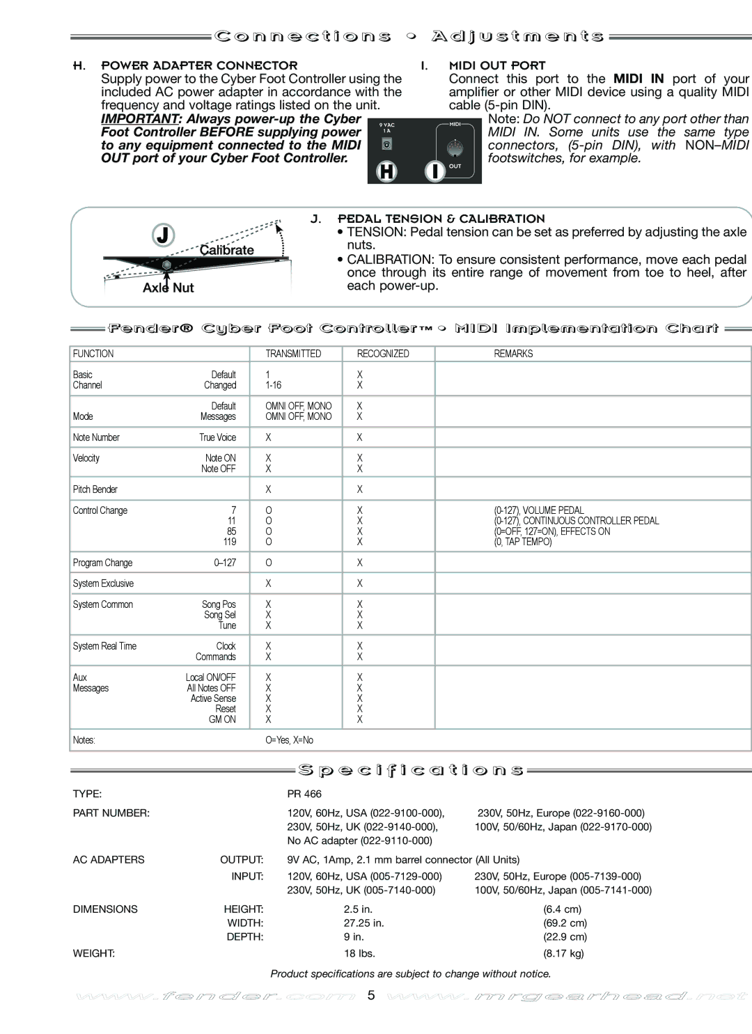 Fender Music Pedal manual N n e c t i o n s a d j u s t m e n t s, Specification s, Power Adapter Connector Midi OUT Port 