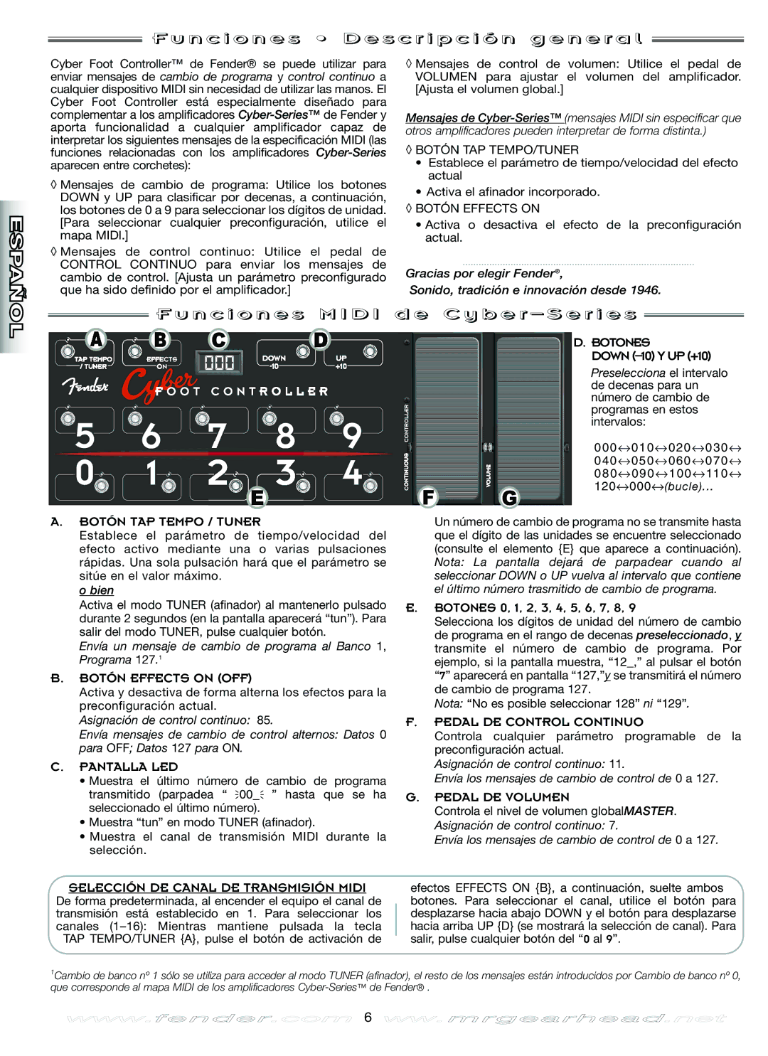 Fender Music Pedal N c i o n e s D e s c r i p c i ó n g e n e r a l, N c i o n e s M I D I d e C y b e r S e r i e s 