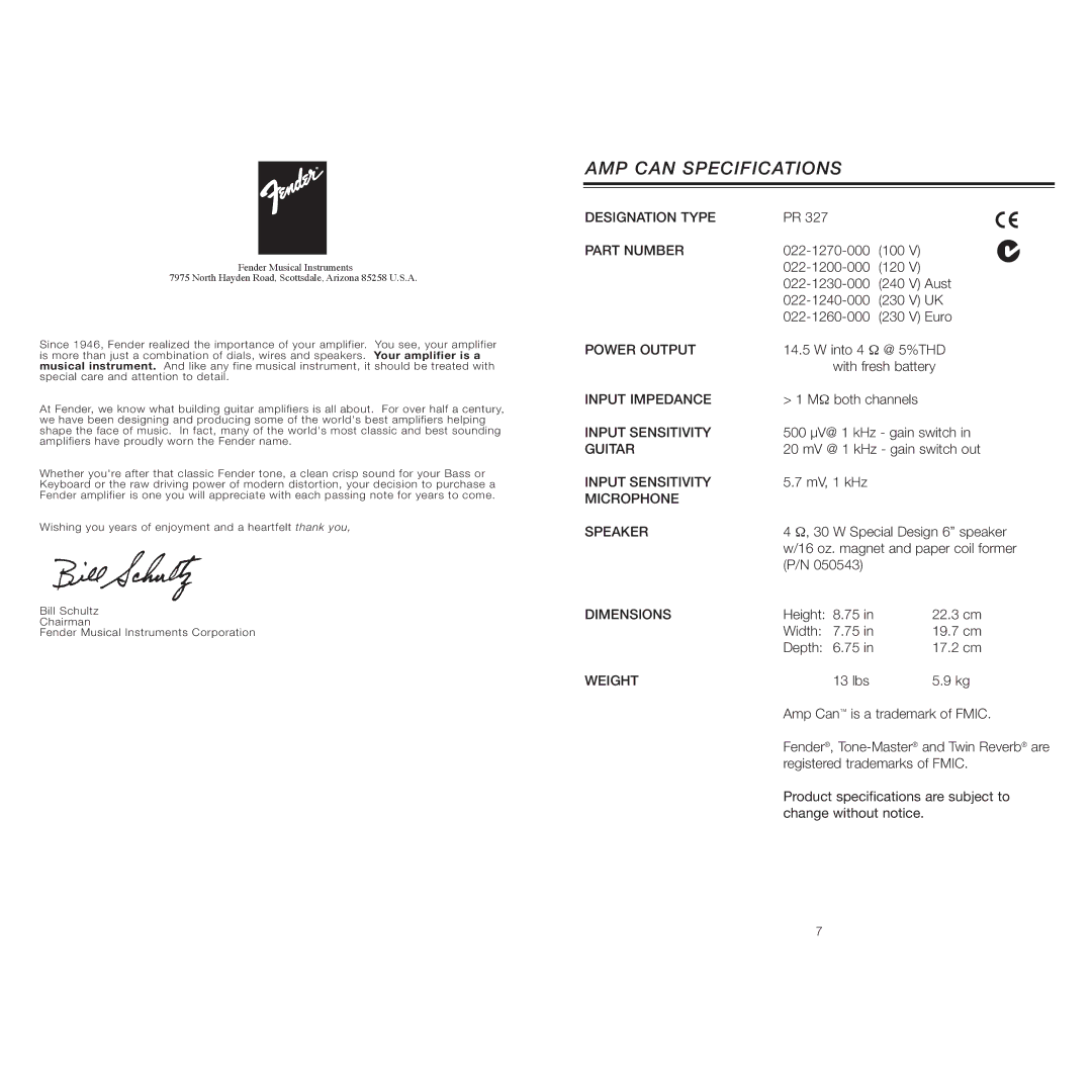 Fender MUSICAL INSTRUMENTS owner manual AMP can Specifications 