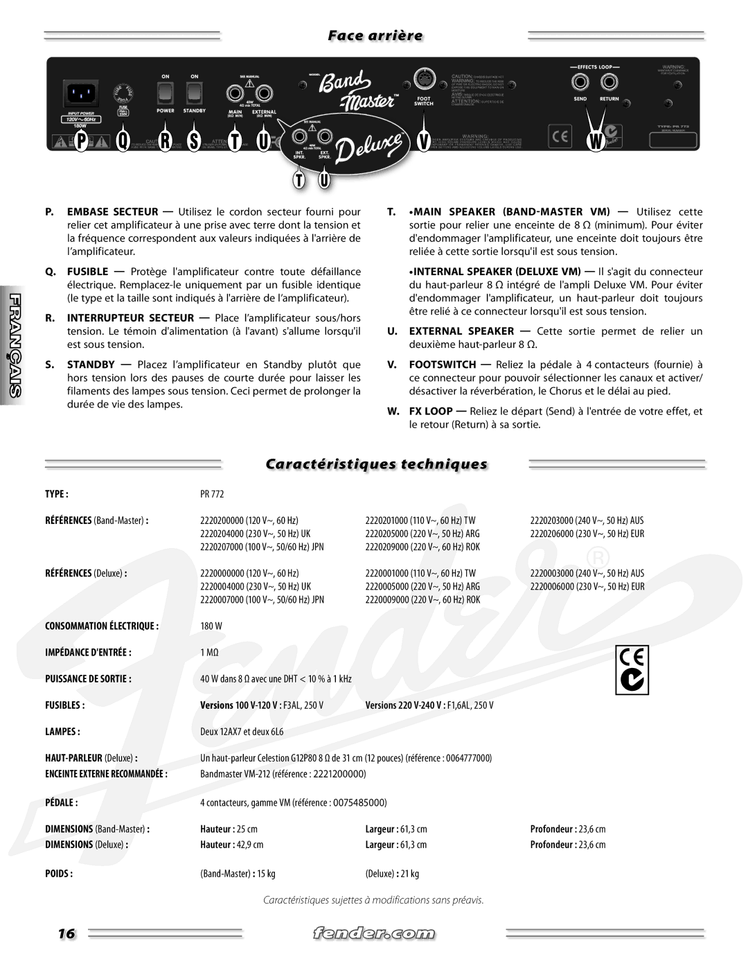 Fender none manual Face arrière, Caractéristiques techniques 