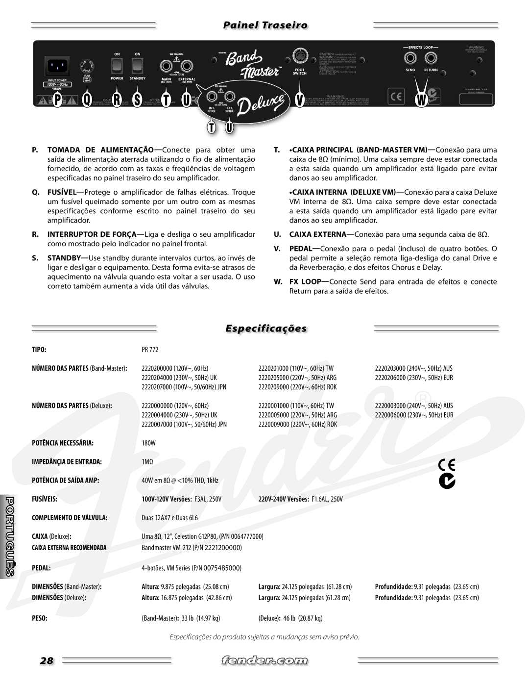 Fender none manual Painel Traseiro, Especificações 