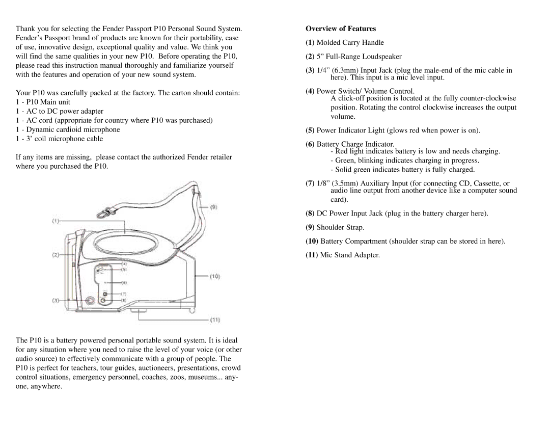 Fender P10 manual Overview of Features 