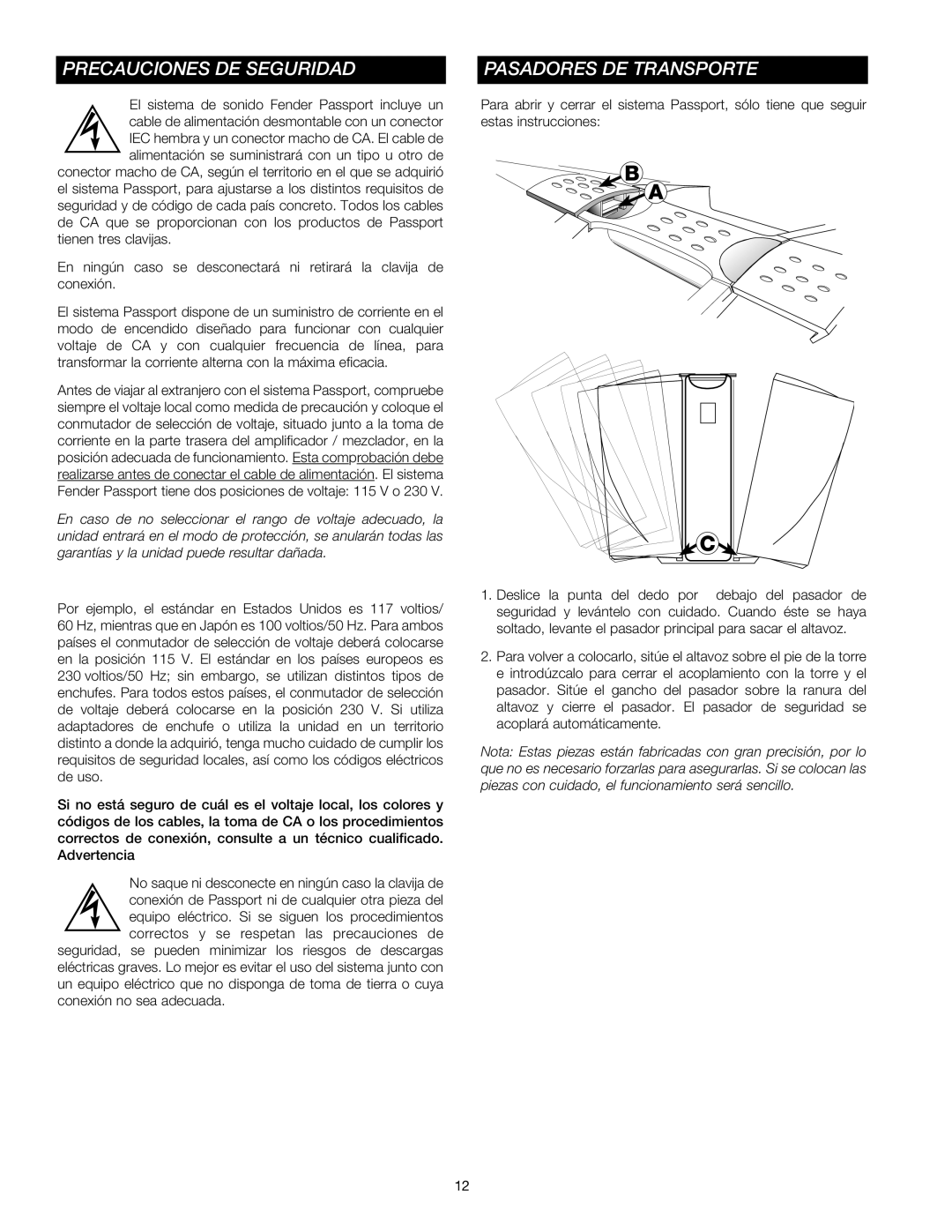 Fender Passport Portable Sound Systems manual Precauciones DE Seguridad, Pasadores DE Transporte 