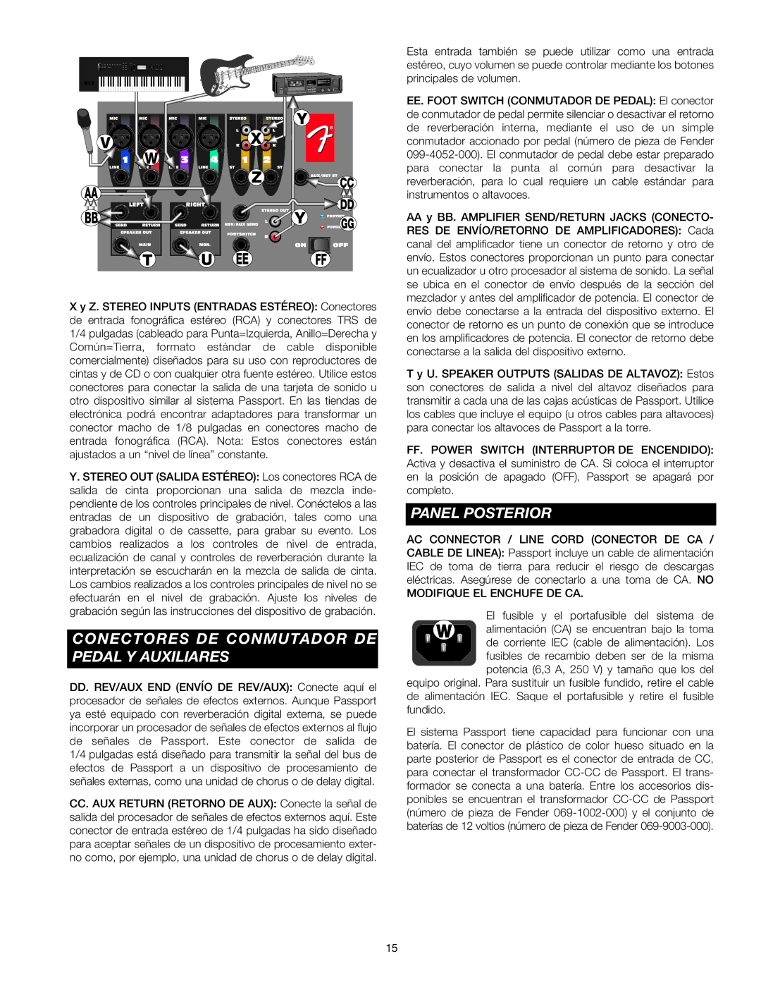 Fender Passport Portable Sound Systems manual Conectores DE Conmutador DE Pedal Y Auxiliares, Panel Posterior 