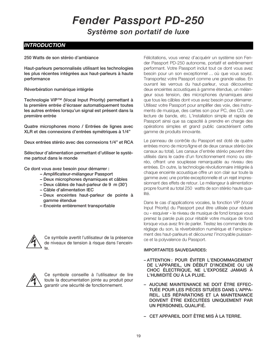 Fender Passport Portable Sound Systems manual Système son portatif de luxe 