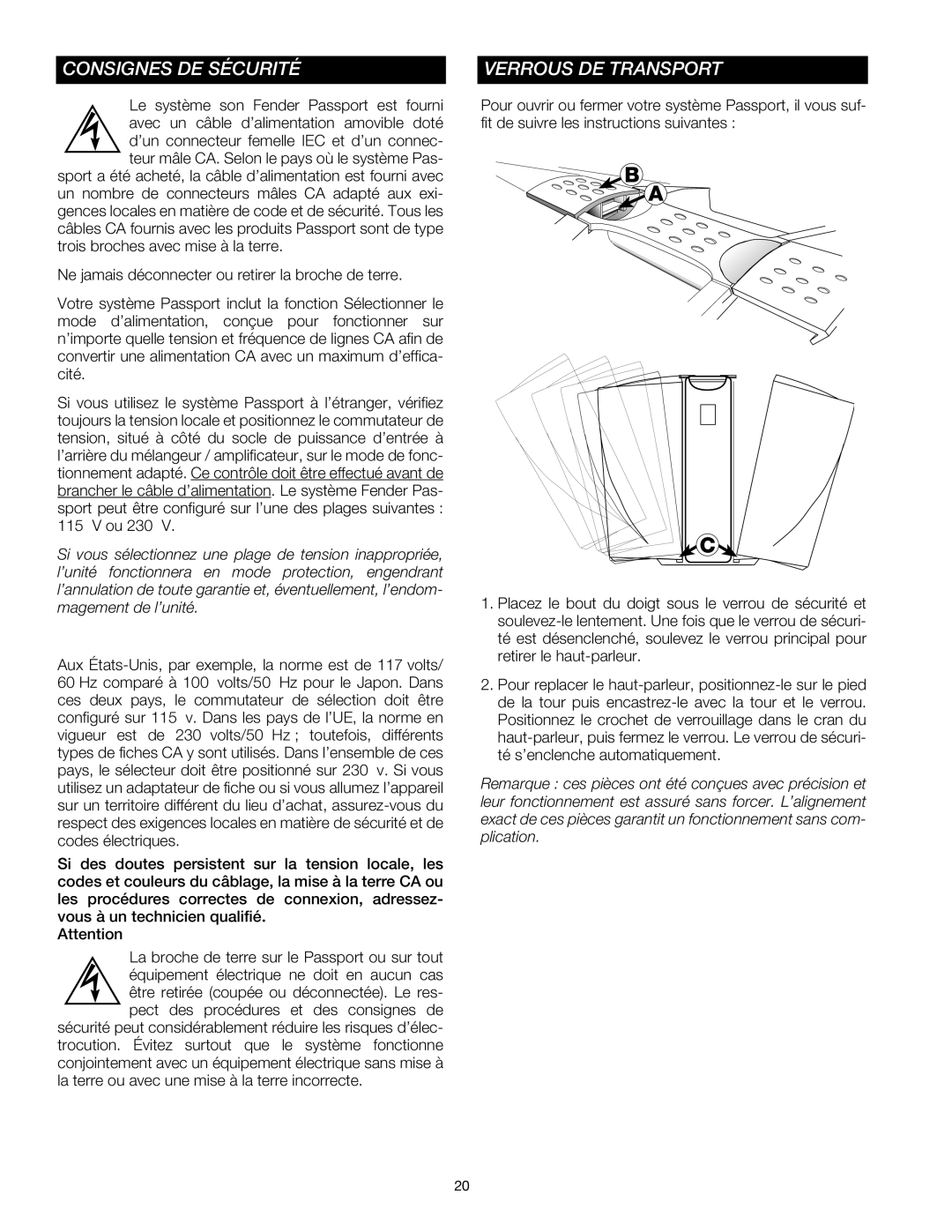 Fender Passport Portable Sound Systems manual Consignes DE Sécurité, Verrous DE Transport 