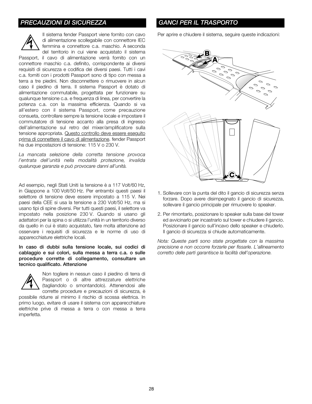 Fender Passport Portable Sound Systems manual Precauzioni DI Sicurezza, Ganci PER IL Trasporto 