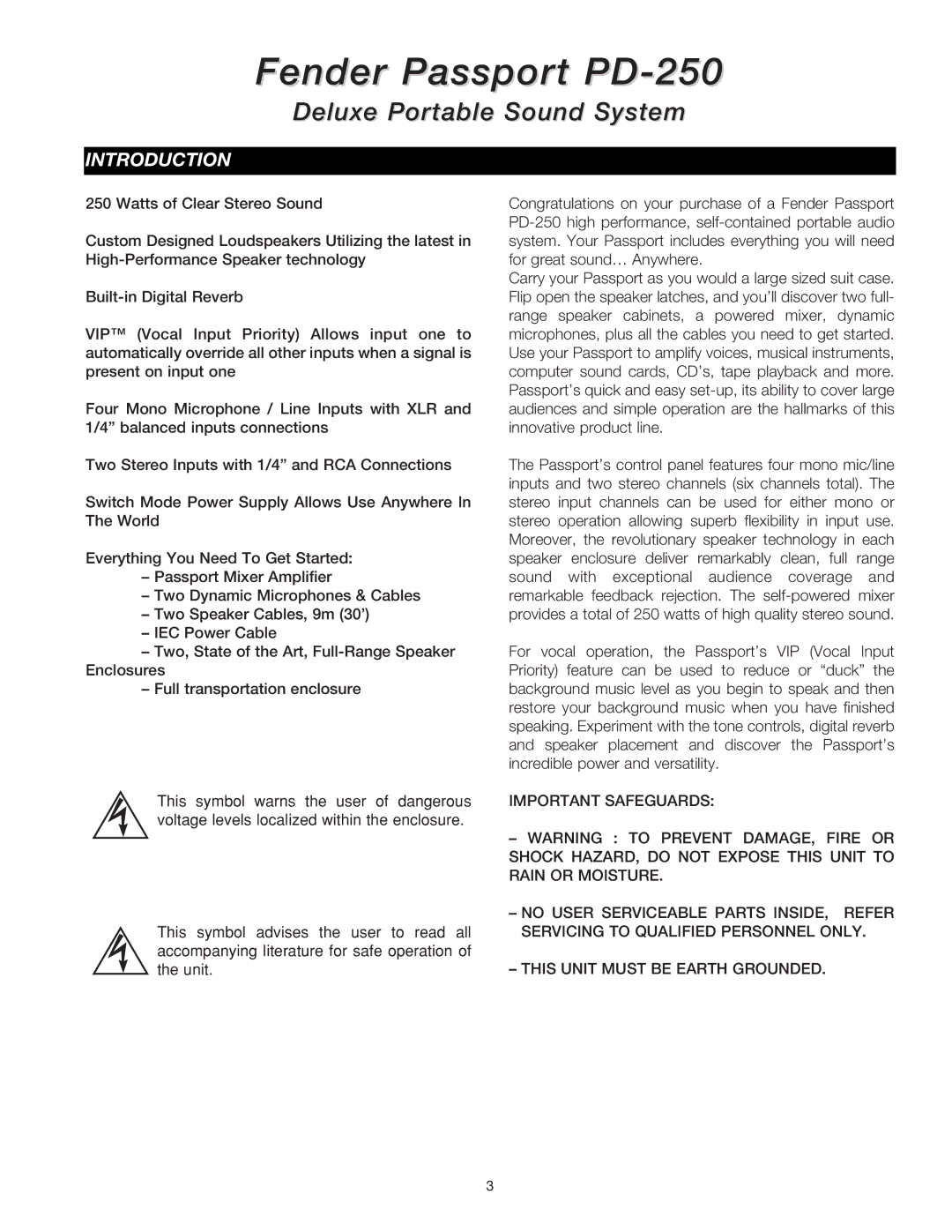 Fender Passport Portable Sound Systems manual Fender Passport PD-250, Introduction 