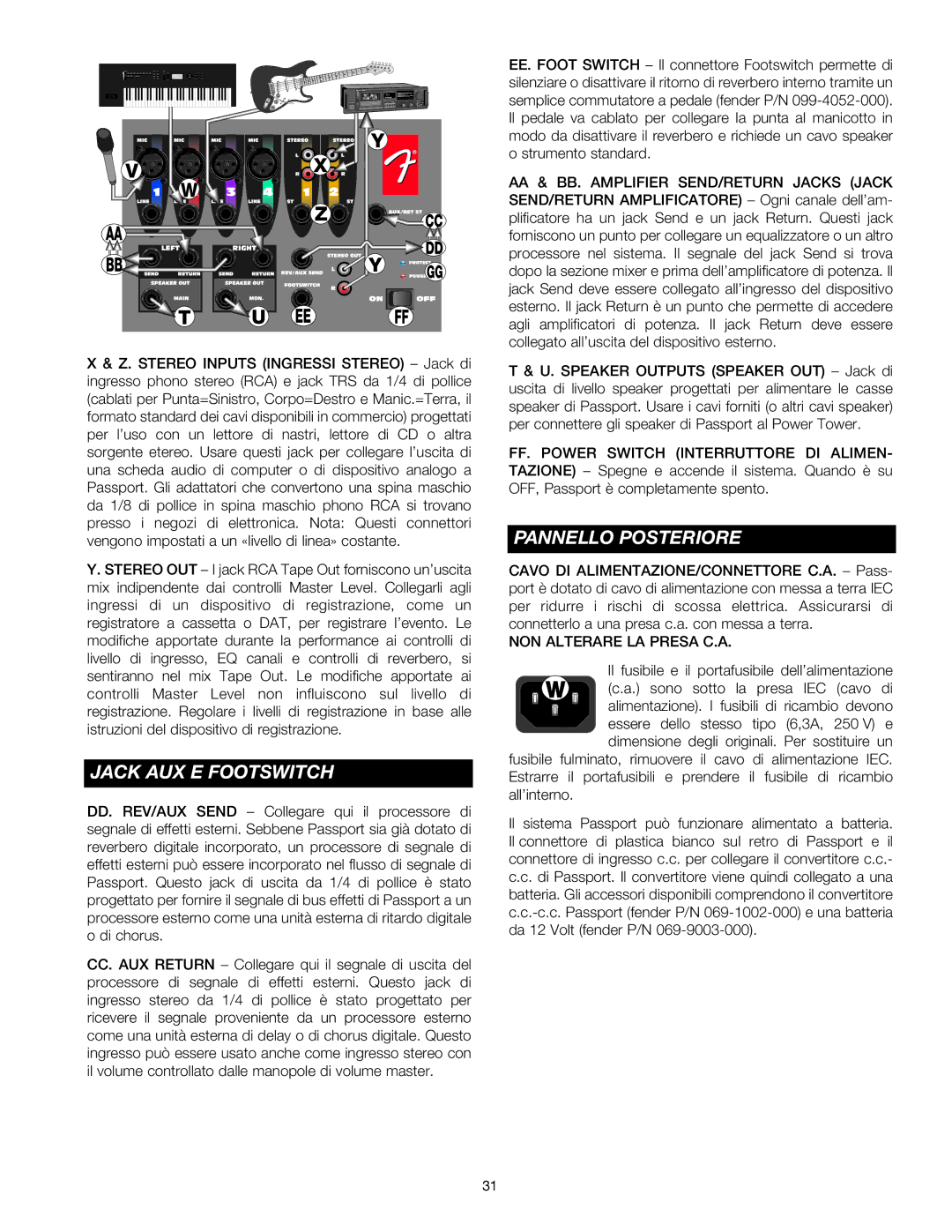 Fender Passport Portable Sound Systems manual Jack AUX E Footswitch, Pannello Posteriore, NON Alterare LA Presa C.A 