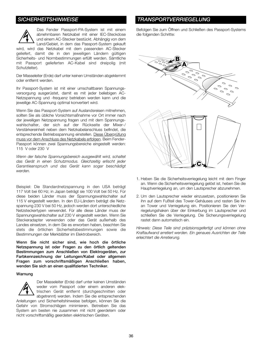 Fender Passport Portable Sound Systems manual Sicherheitshinweise, Transportverriegelung 