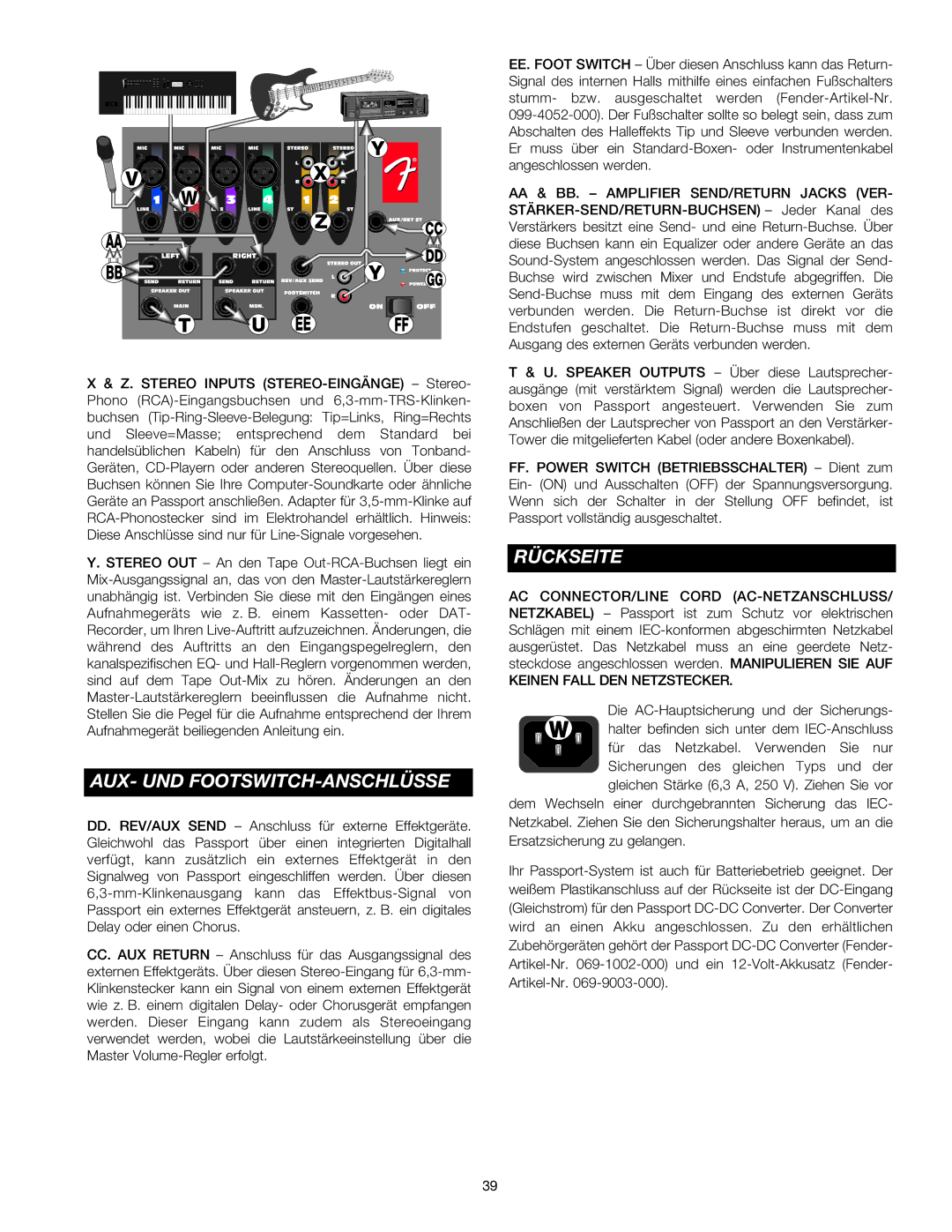 Fender Passport Portable Sound Systems manual Aux- Und Footswitch-Anschlüsse, Rückseite 