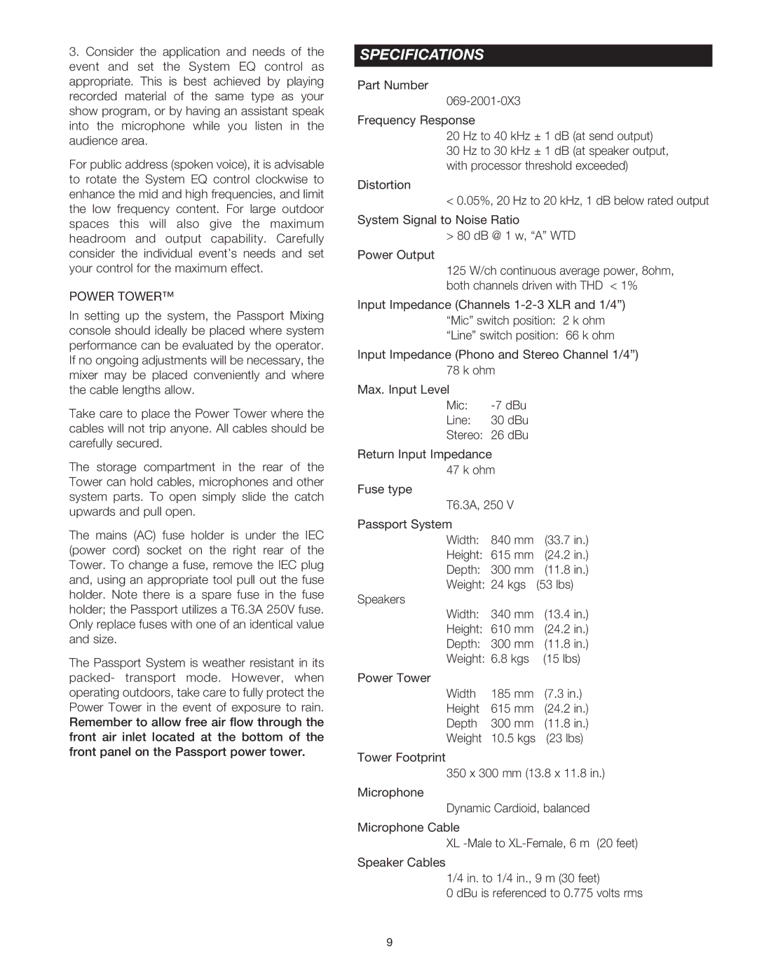 Fender Passport Portable Sound Systems manual Specifications, Power Tower 