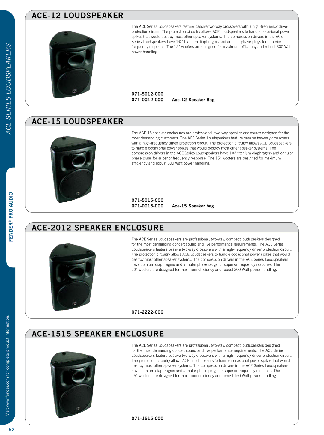 Fender PD-150 manual ACE-12 Loudspeaker, ACE-15 Loudspeaker, ACE-2012 Speaker Enclosure, ACE-1515 Speaker Enclosure 