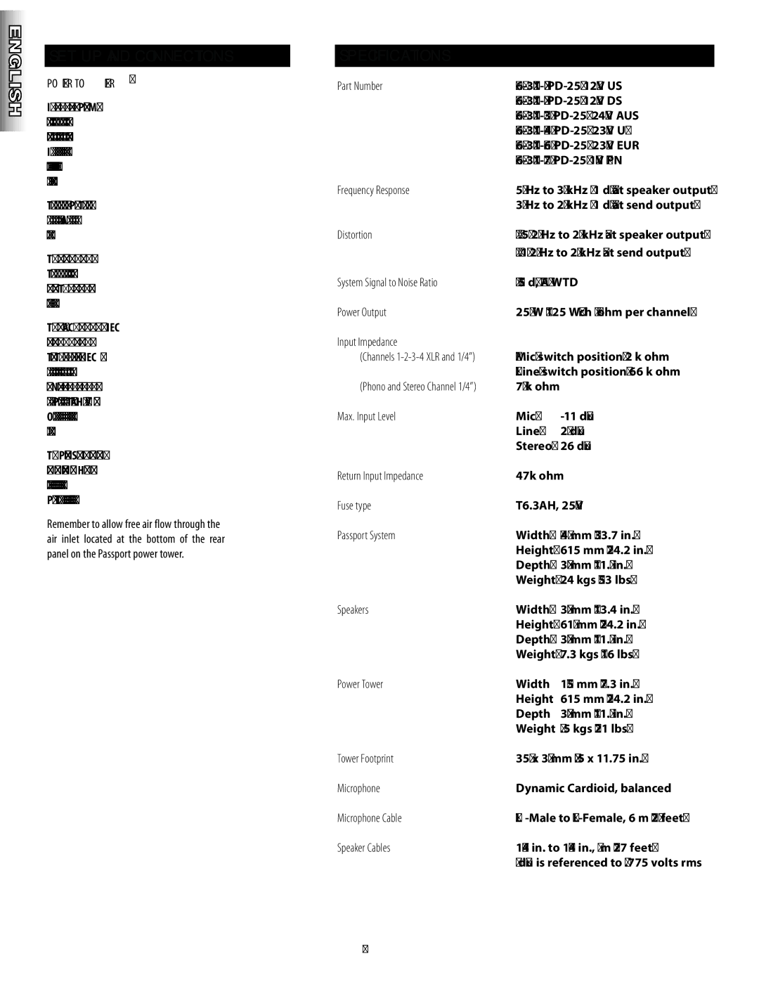 Fender PD250 Plus manual Specifications, Power Tower 