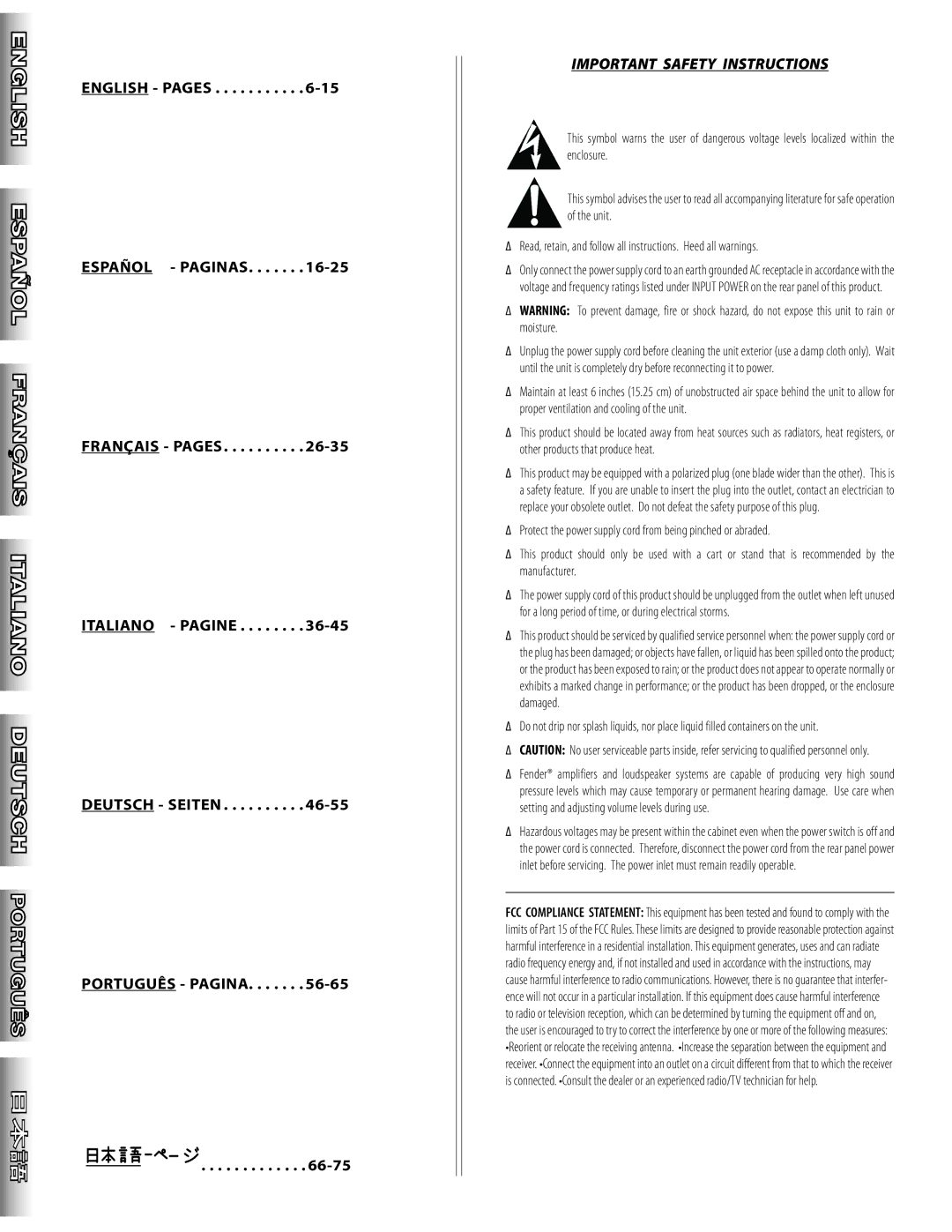 Fender PD250 Plus manual Important Safety Instructions 