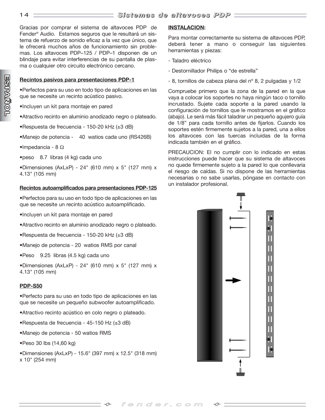 Fender PDP-S50, PDP-125 manual I s t e m a s d e a l t a v o c e s P D P, Recintos pasivos para presentaciones PDP-1 