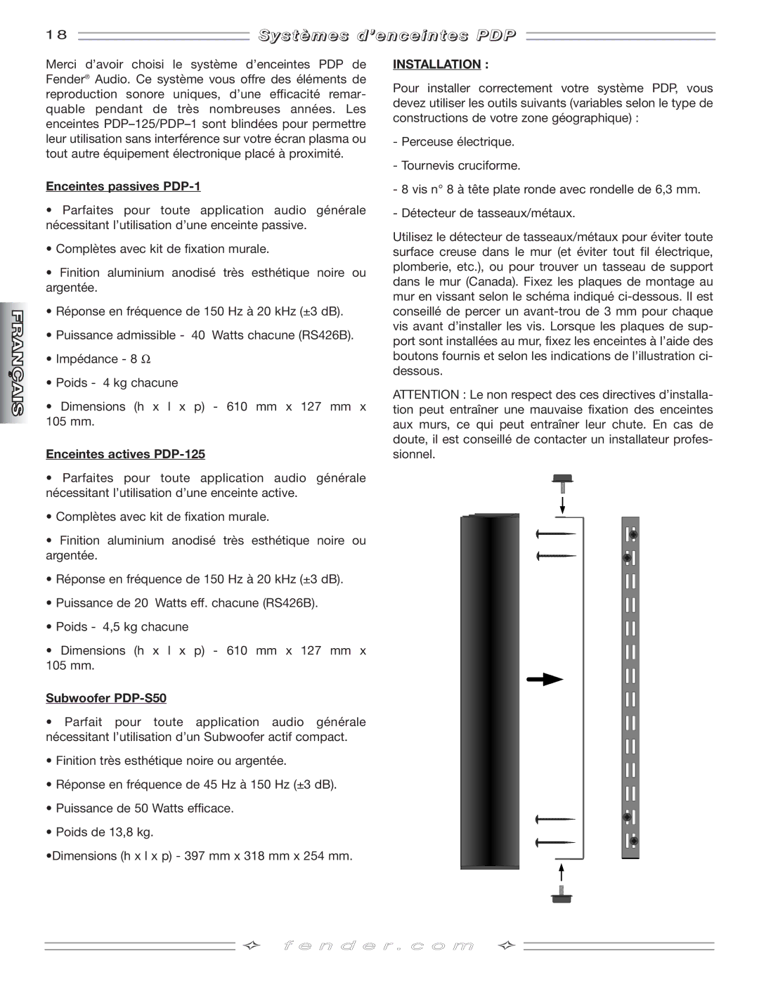 Fender PDP-S50 manual Y s t è m e s d ’ e n c e i n t e s P D P, Enceintes passives PDP-1, Enceintes actives PDP-125 