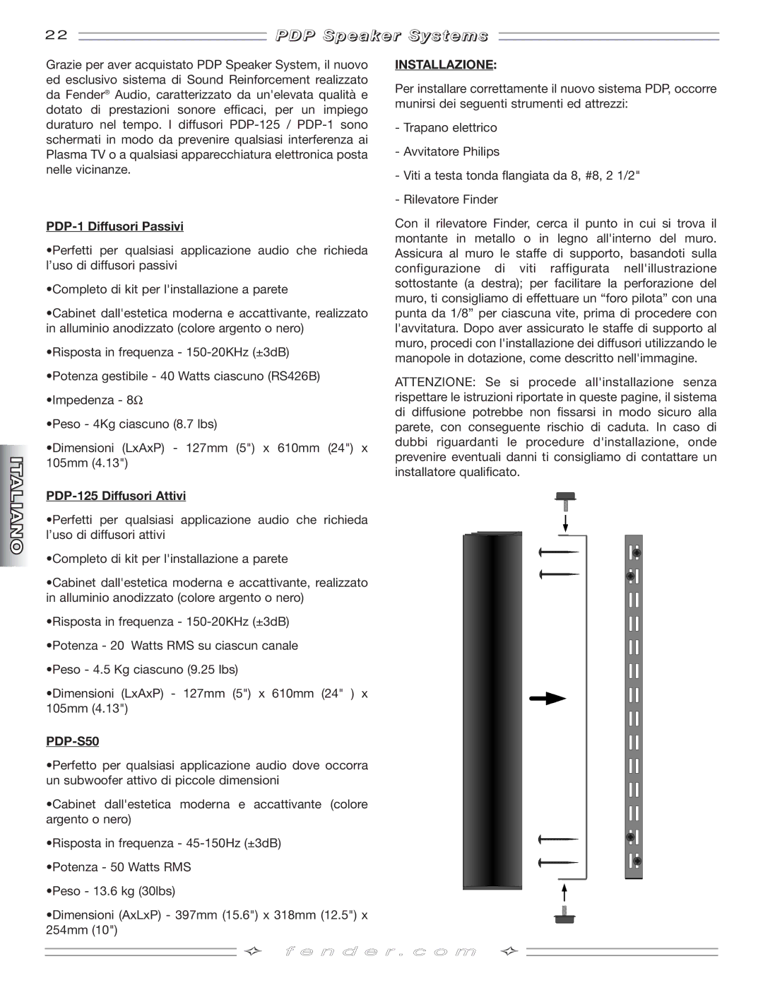 Fender PDP-S50 manual PDP-1 Diffusori Passivi, PDP-125 Diffusori Attivi 