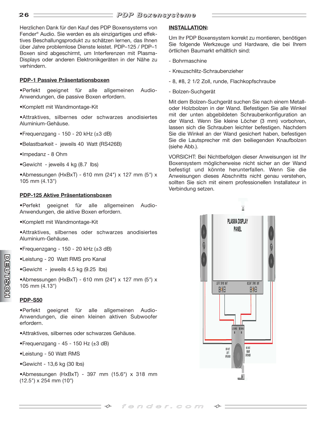 Fender PDP-S50 manual D P B o x e n s y s t e m e, PDP-1 Passive Präsentationsboxen, PDP-125 Aktive Präsentationsboxen 